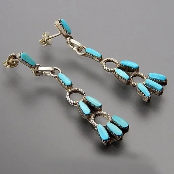 SOLD Boho String Blue & Silver Tone Beaded Stud Earrings - Picture 4 of 7